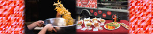 Banner displaying a man flipping fries in a large bowl and our food truck setup